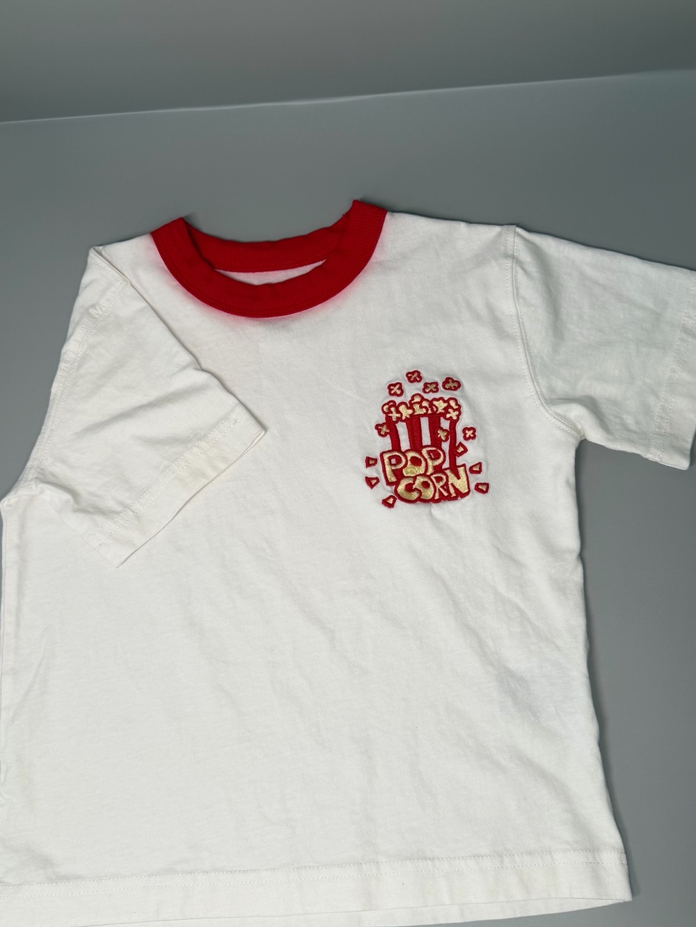 Cotton On White Tee with Red Ringer and Popcorn Graphic